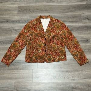 Villager Liz Claiborne 14 Blazer Jacket Orange Corduroy 3 Button Paisley Pockets